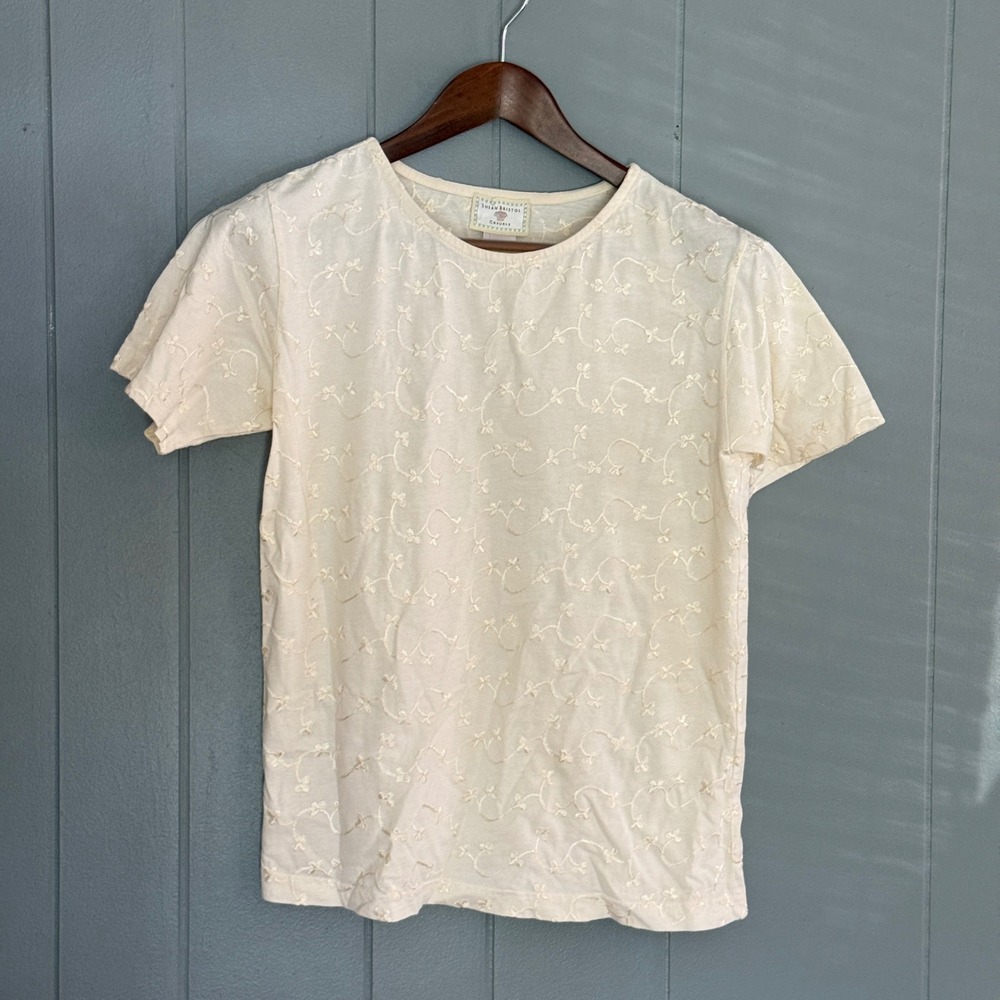 Susan Bristol Casuals Cream Top Embroidered Eyelet Floral Cotton Short Sleeve